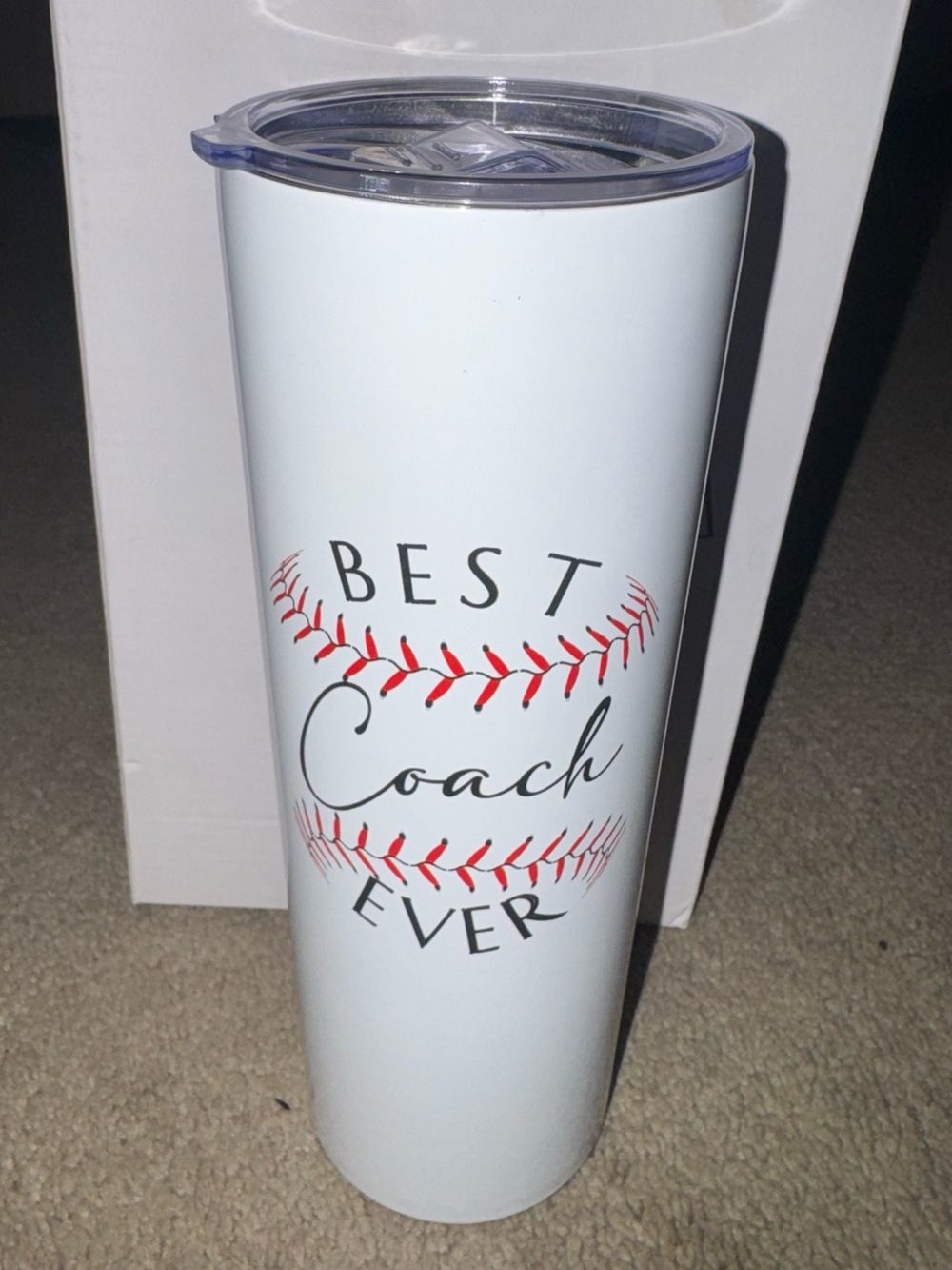 Amazon White "Best Coach Ever" Baseball Travel Tumbler with Red Stitching
